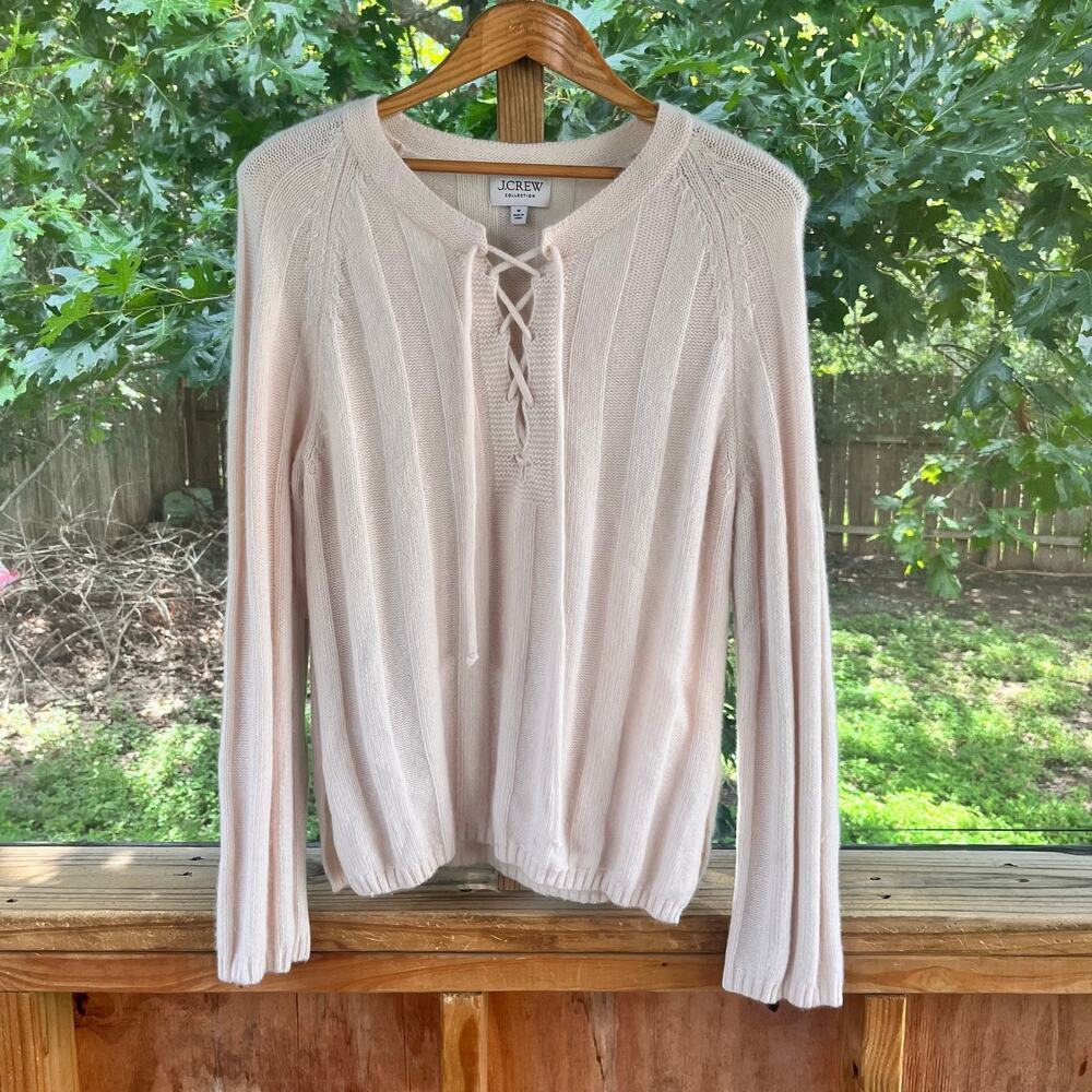 J. Crew Collection Women's 100% Cashmere Lace Up Beach Sweater Cream Size M - Picture 2 of 9
